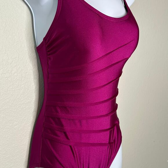 NWOT DKNY Magenta Satin-Look Ruched Pintucked Sunburst 1-Piece Swimsuit – Size S - Picture 3 of 8
